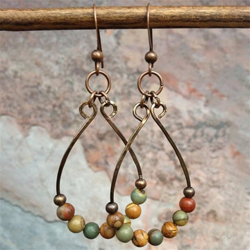 1pair Vintage Bohemian Teardrop Beaded Earrings, Antique Bronze Color, Simple Fashion Jewelry, Gift For Women