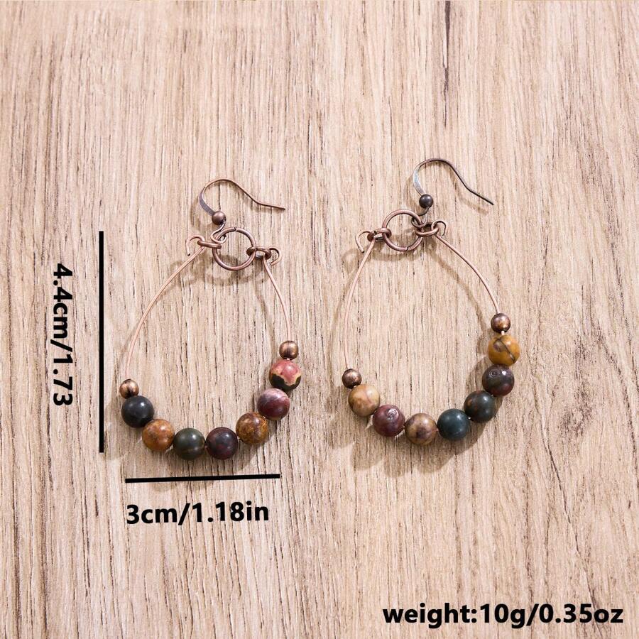 1pair Vintage Bohemian Teardrop Beaded Earrings, Antique Bronze Color, Simple Fashion Jewelry, Gift For Women