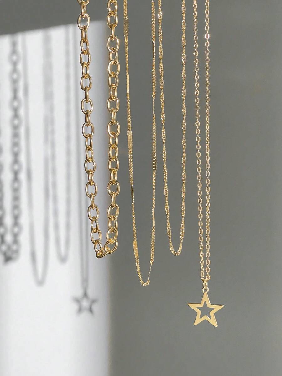 ROMWE Goth 4pcs Fashionable Gold Punk Style Star Pendant Chain Necklace Jewellery Set