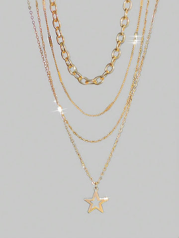 ROMWE Goth 4pcs Fashionable Gold Punk Style Star Pendant Chain Necklace Jewellery Set