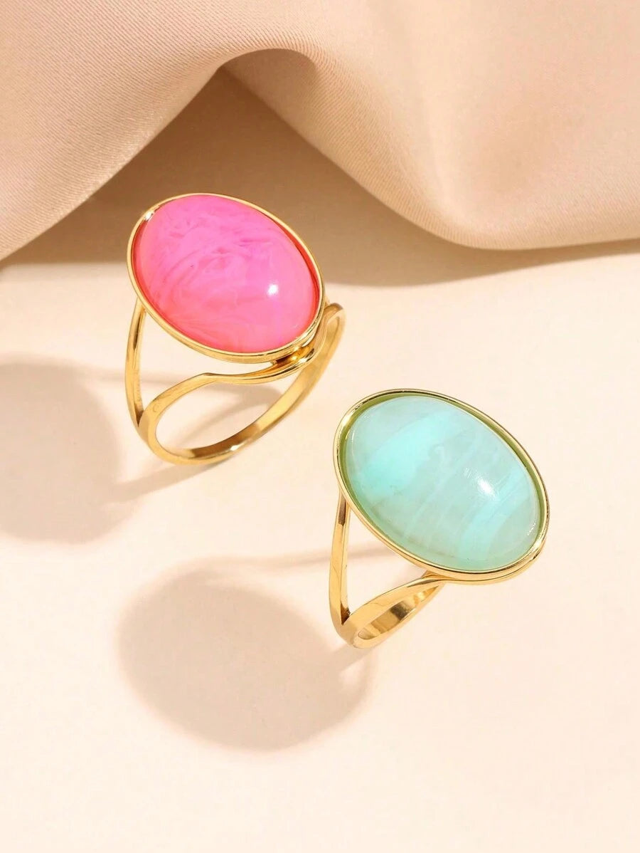 2pcs Stainless Steel Gold-Tone Rings With Embedded Light Blue And Pink Gemstones, Exaggerated Decorative Rings For Women