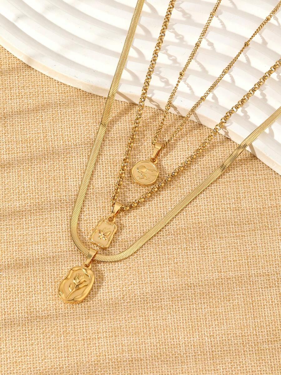 3pcs/Set Fashionable Elegant Stainless Steel Flower Butterfly Rabbit Necklace Set Women's Jewelry Necklace
