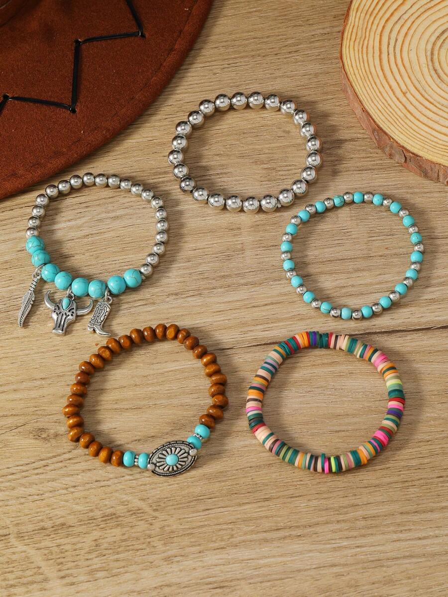 5pcs/Set Boho Style Wood Bead, Turquoise Leaf, Daisy, Bull Head & Bull Head Decor Bracelet For Women