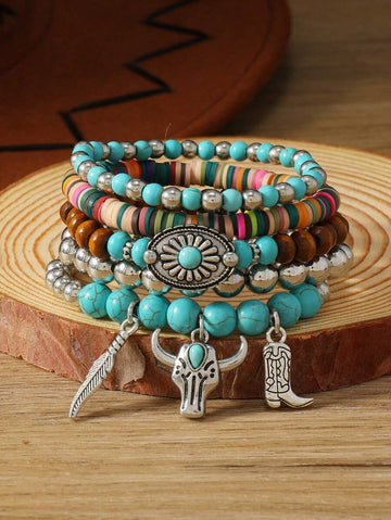 5pcs/Set Boho Style Wood Bead, Turquoise Leaf, Daisy, Bull Head & Bull Head Decor Bracelet For Women