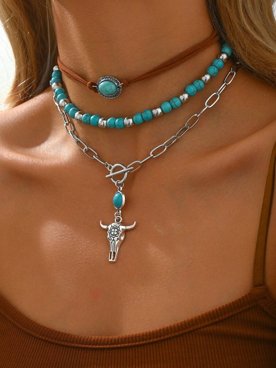 3pcs/Set Western Country Boho Turquoise Bull Head Pendant Necklace Set, Vintage Choker Necklace For Daily Wear & Vacation