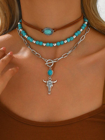 3pcs/Set Western Country Boho Turquoise Bull Head Pendant Necklace Set, Vintage Choker Necklace For Daily Wear & Vacation