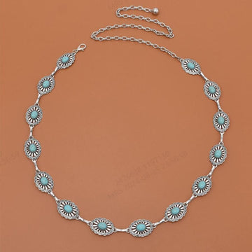 Metallic Silver Turquoise Floral Chain Belt - Zinc Alloy Western Cowgirl College Style Jeans, Dress - Plus Size Beach Wedding Party Festival Sports Accessory - Rivets Matte Oval Disc Decor Summer, School Fall, Autumn, Halloween
