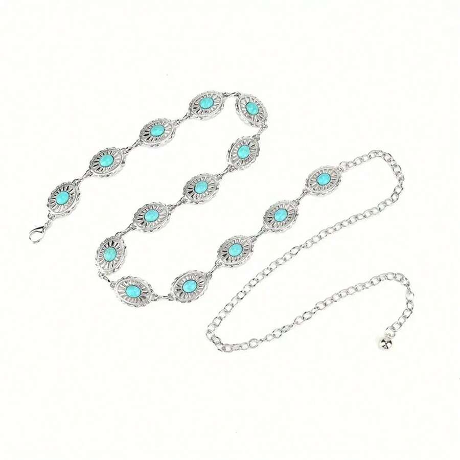 Metallic Silver Turquoise Floral Chain Belt - Zinc Alloy Western Cowgirl College Style Jeans, Dress - Plus Size Beach Wedding Party Festival Sports Accessory - Rivets Matte Oval Disc Decor Summer, School Fall, Autumn, Halloween