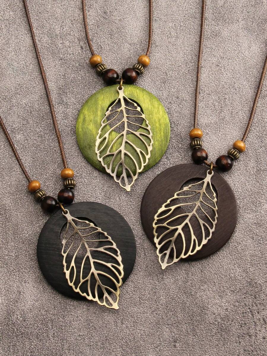 1pc Retro Bohemian Style Wooden Alloy Leaf Pendant Necklace, Fashion Halloween Holiday Gift Decoration, Unisex Jewelry, Student Souvenir Gift