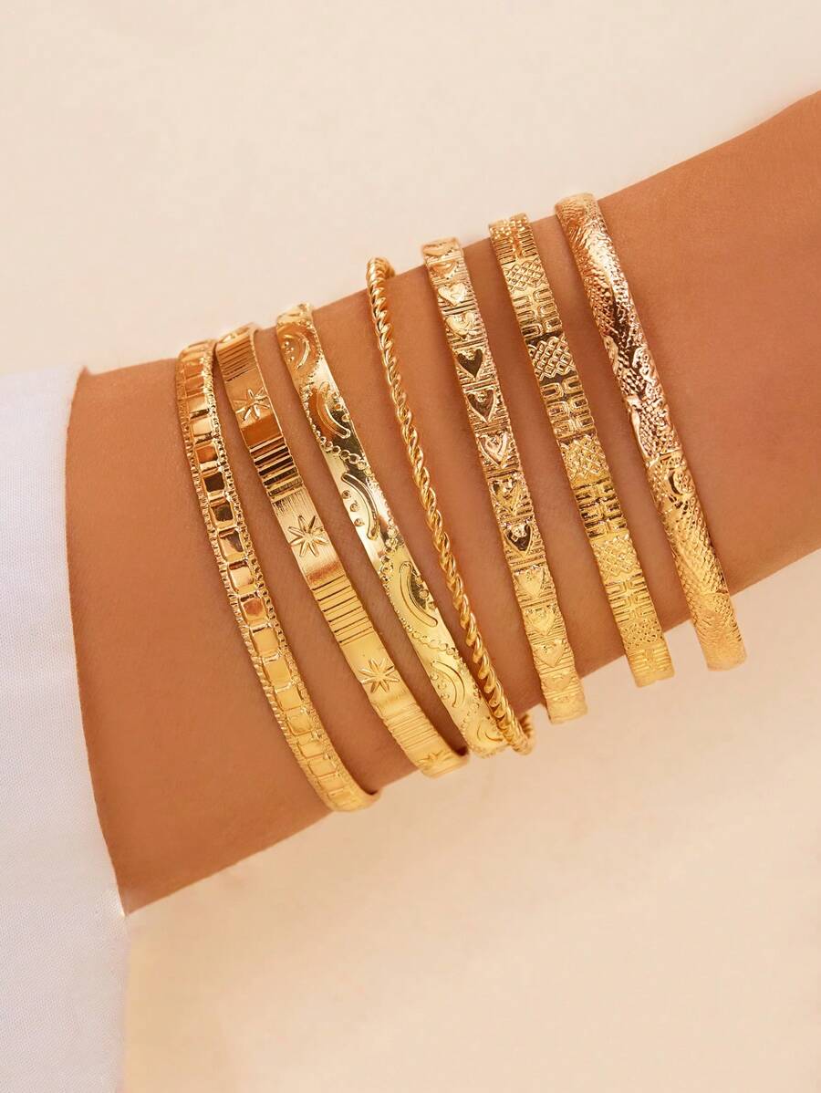 7pcs Set Exaggerated Personalized Hammered Hexagram Twist Open Bangle Bracelet Set, Suitable For Daily Wear, Gift