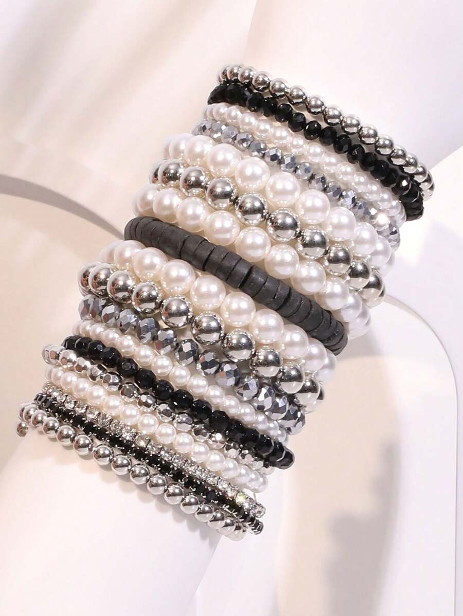 18pcs/Set Crystal & Baroque Pearl Stacked Bracelet Set, Suitable For Women Formal Events & Daily Wear