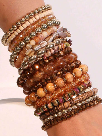 18pcs/Set Crystal & Baroque Pearl Stacked Bracelet Set, Suitable For Women Formal Events & Daily Wear