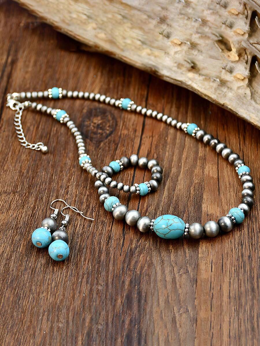 Retro Turquoise Necklace Vintage Western Country Earrings Set Female Ancient Silver Color Beaded Jewelry Set