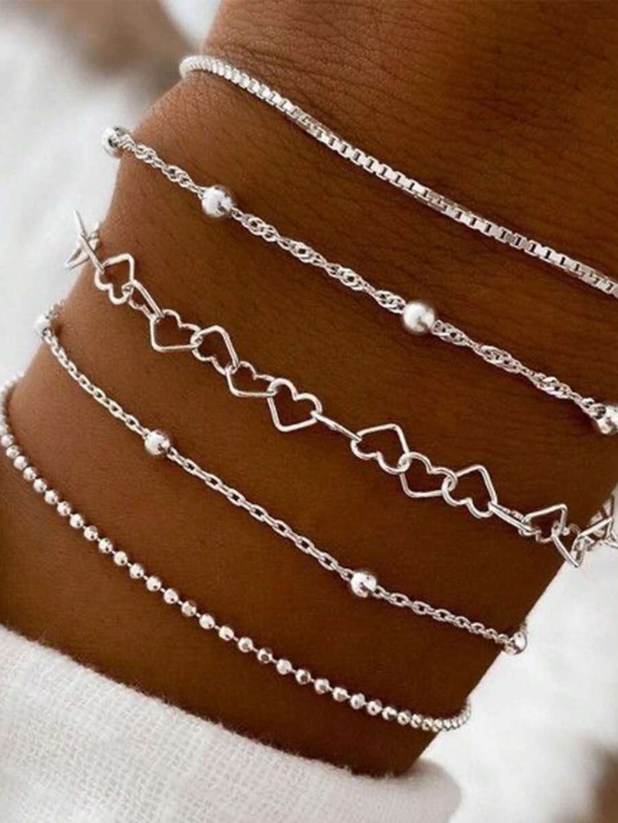 5pcs Stainless Steel Heart Beaded Multi-Layer Bracelet Set, Unisex Accessories For Daily, Work, Party