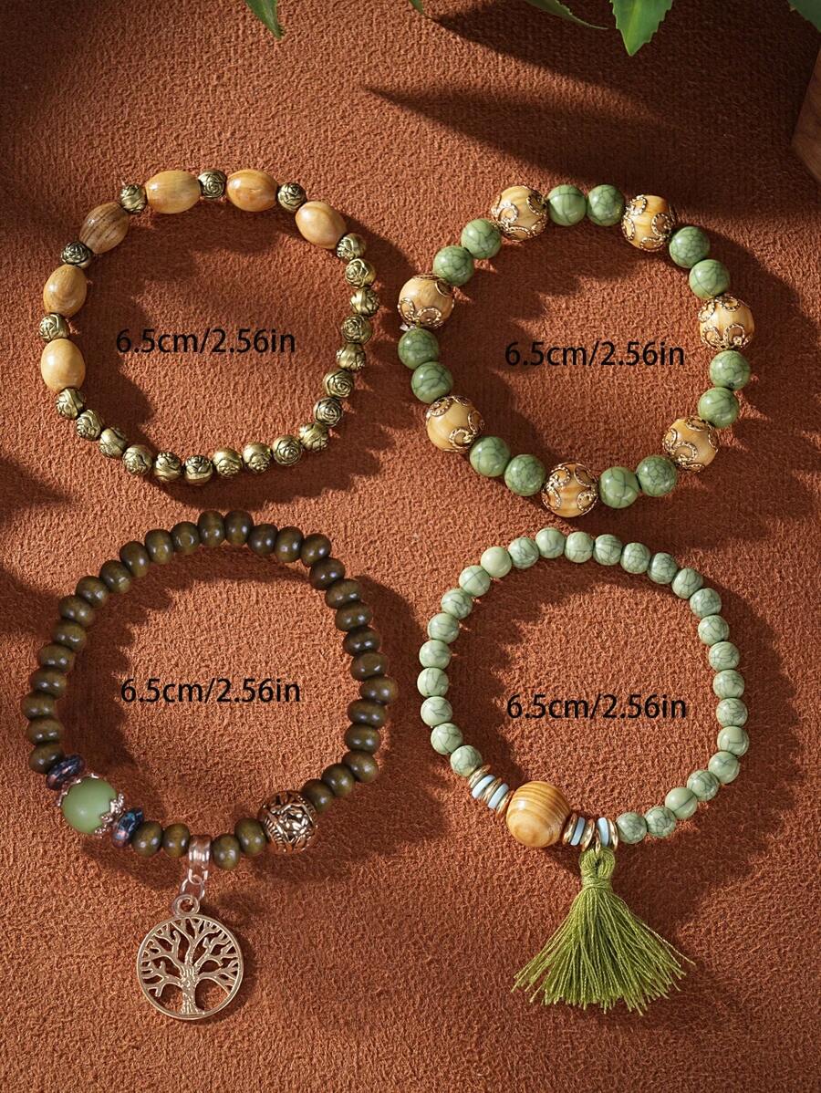 4pcs/Set Bohemian Style Tassel Tree Of Life Pendant Multi-Layer Wooden Bead Necklace Bracelet