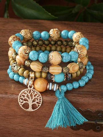 4pcs/Set Bohemian Style Tassel Tree Of Life Pendant Multilayer Beaded Bracelet