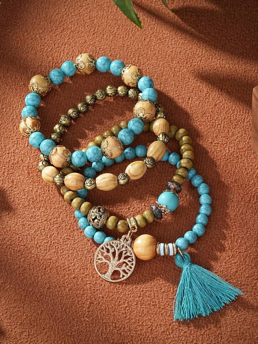 4pcs/Set Bohemian Style Tassel Tree Of Life Pendant Multilayer Beaded Bracelet