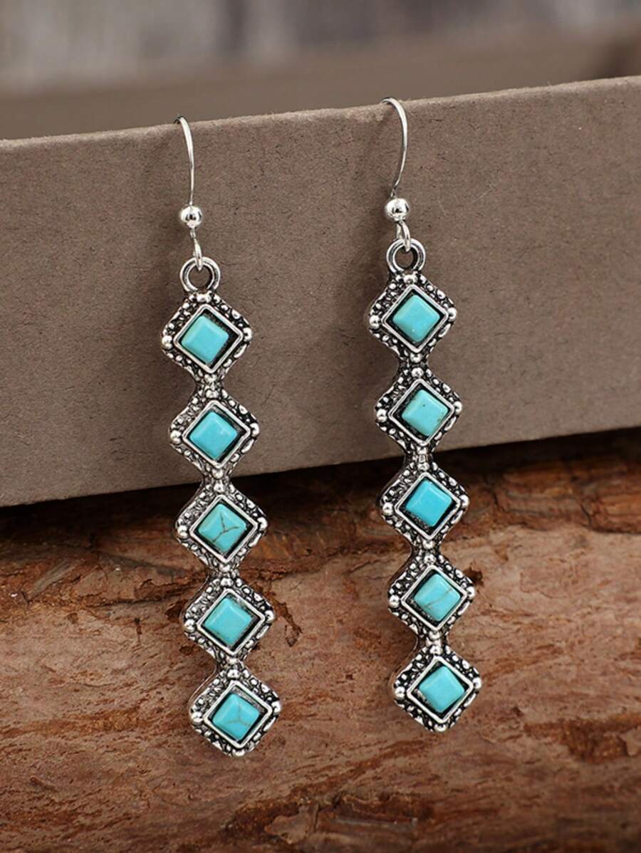 1 Pair Vintage Inlaid Green Turquoise Bead Long Bar 1 Shape Alloy Earrings For Women