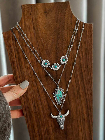3pcs Turquoise Native Western Cowgirl Style Retro Bull Head Horseshoe Floral Cactus Minimalist Chain Necklace Set (Bead Chains Cut By Length, Not Bead Count)