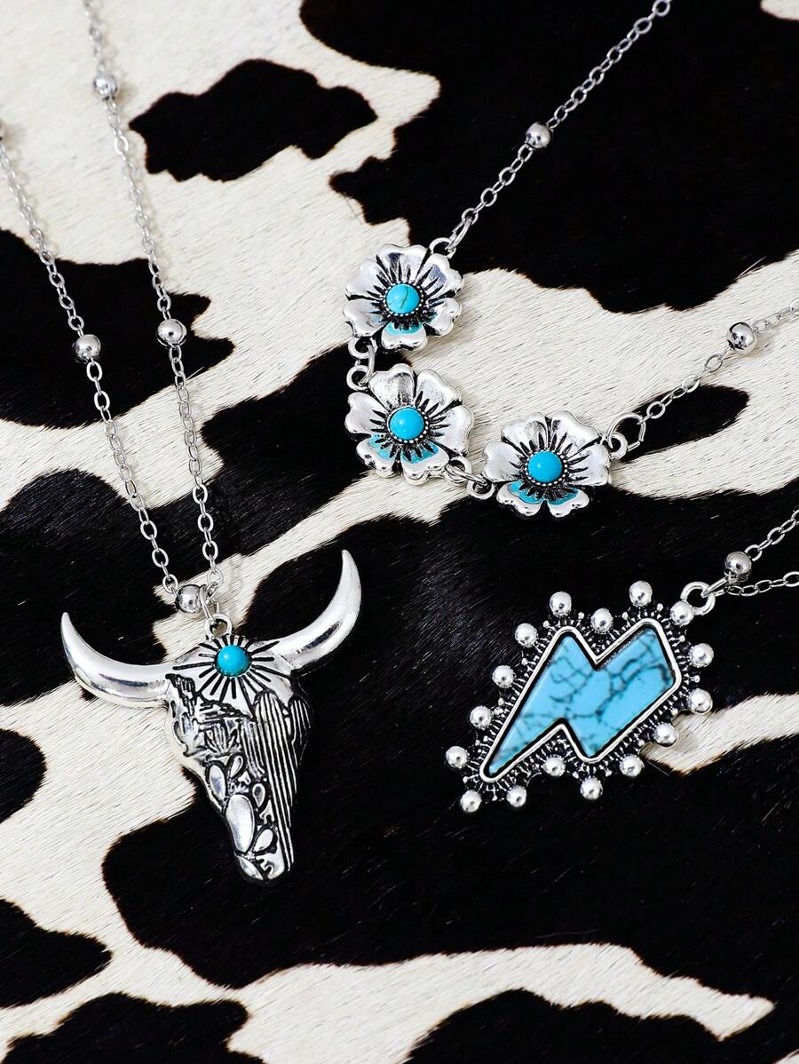 3pcs Turquoise Native Western Cowgirl Style Retro Bull Head Horseshoe Floral Cactus Minimalist Chain Necklace Set (Bead Chains Cut By Length, Not Bead Count)