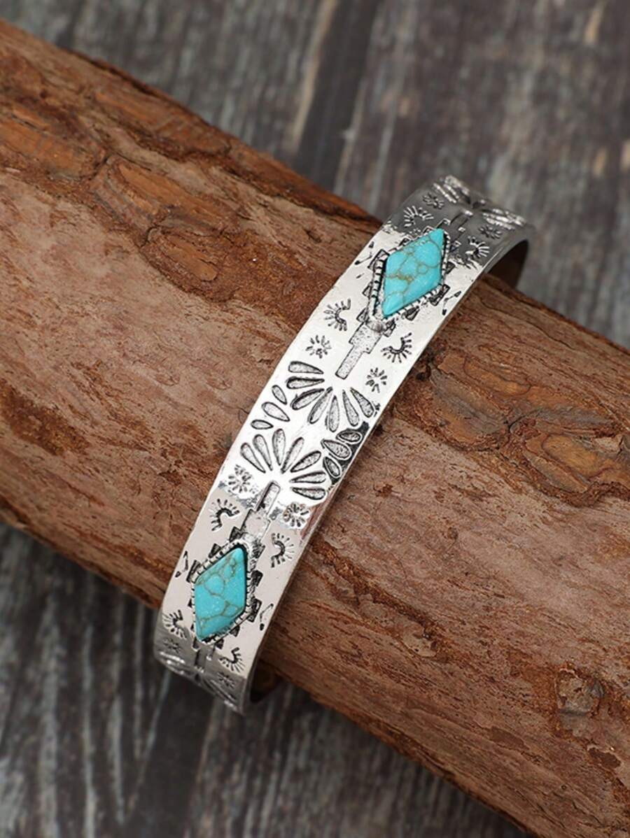 1pc Vintage Bohemian Western Totem Engraved Inlaid Turquoise Bracelet, Jewelry Gift For Women