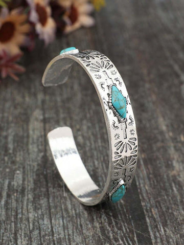 1pc Vintage Bohemian Western Totem Engraved Inlaid Turquoise Bracelet, Jewelry Gift For Women
