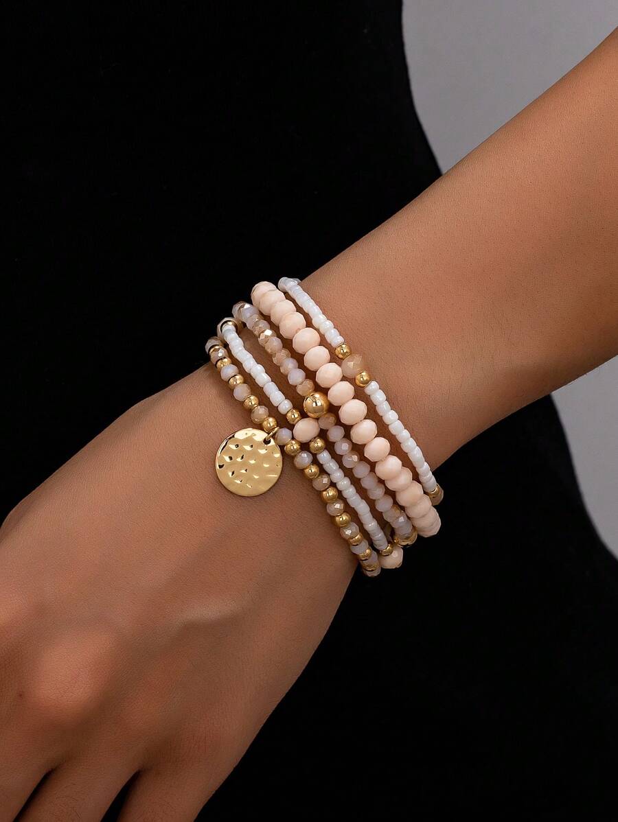 5pcs Bohemian Elegant Woven Elastic Glass Beaded Bracelets Set For Women (Handmade Beads Count, Size, And Placement Are Random)
