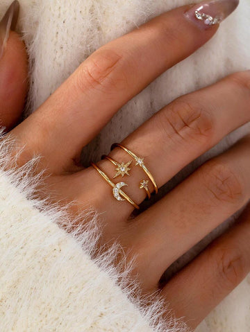 1pc Gold-Color Cubic Zirconia Star & Moon Design Adjustable Ring, Luxury Crystal Ring For Women