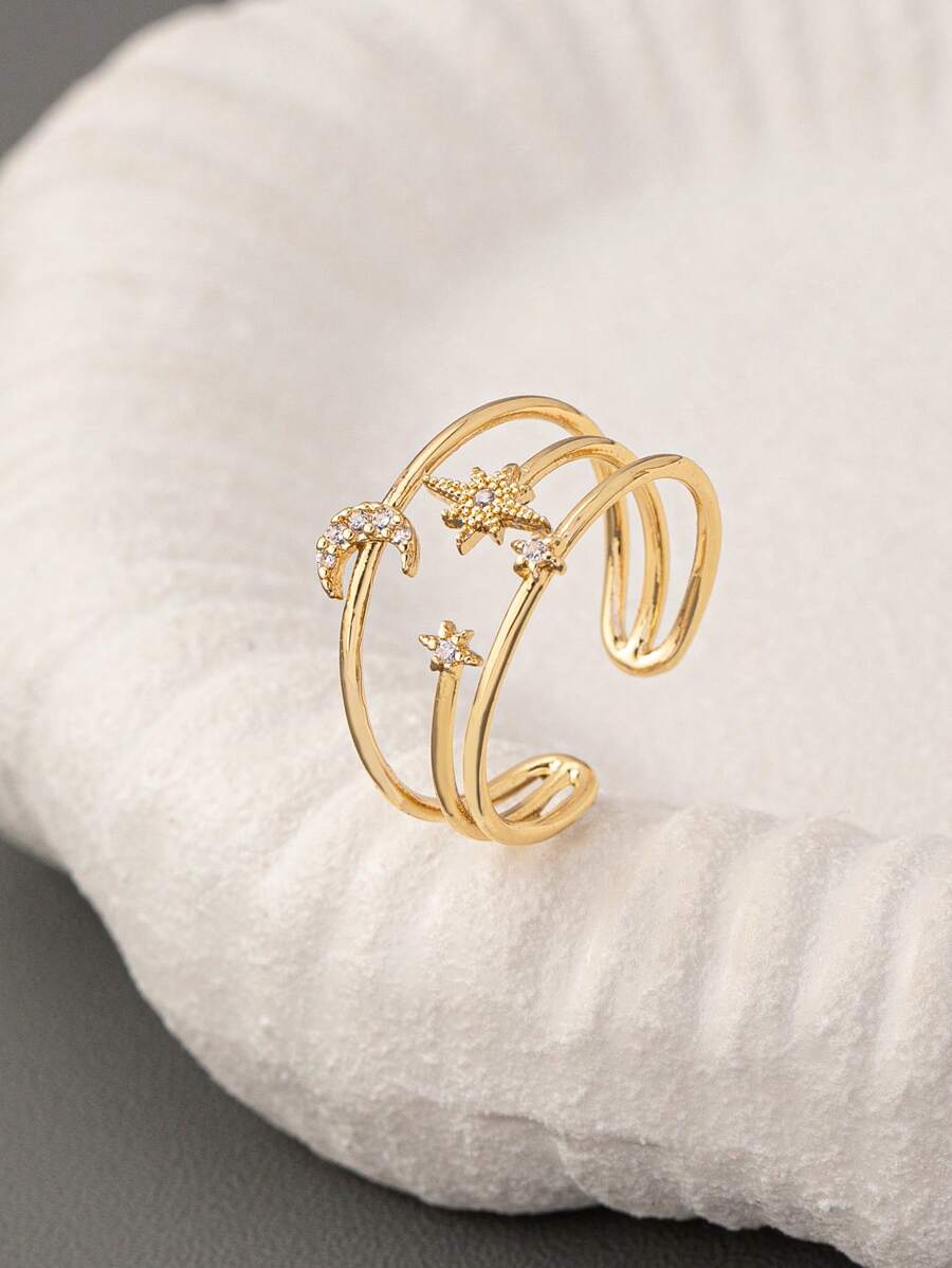 1pc Gold-Color Cubic Zirconia Star & Moon Design Adjustable Ring, Luxury Crystal Ring For Women
