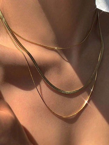 Nooxian 3pcs/Set Women Stainless Steel Snake Chain Necklaces, Layered Necklace Sets For Daily Wear