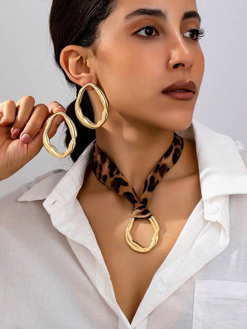 3pcs Elegant Women's Leopard Print Jewelry Set: Sexy Leopard Fabric Strap, Metal Geometric Pendant, And Stud Earrings