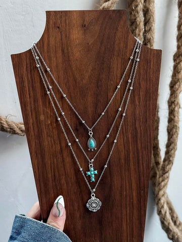 3pcs Turquoise Western Cowgirl Style Vintage Horseshoe, Cacti, Minimalist Chain Necklace Set (Length May Be Trimmed, Not Counted By Bead Quantity)
