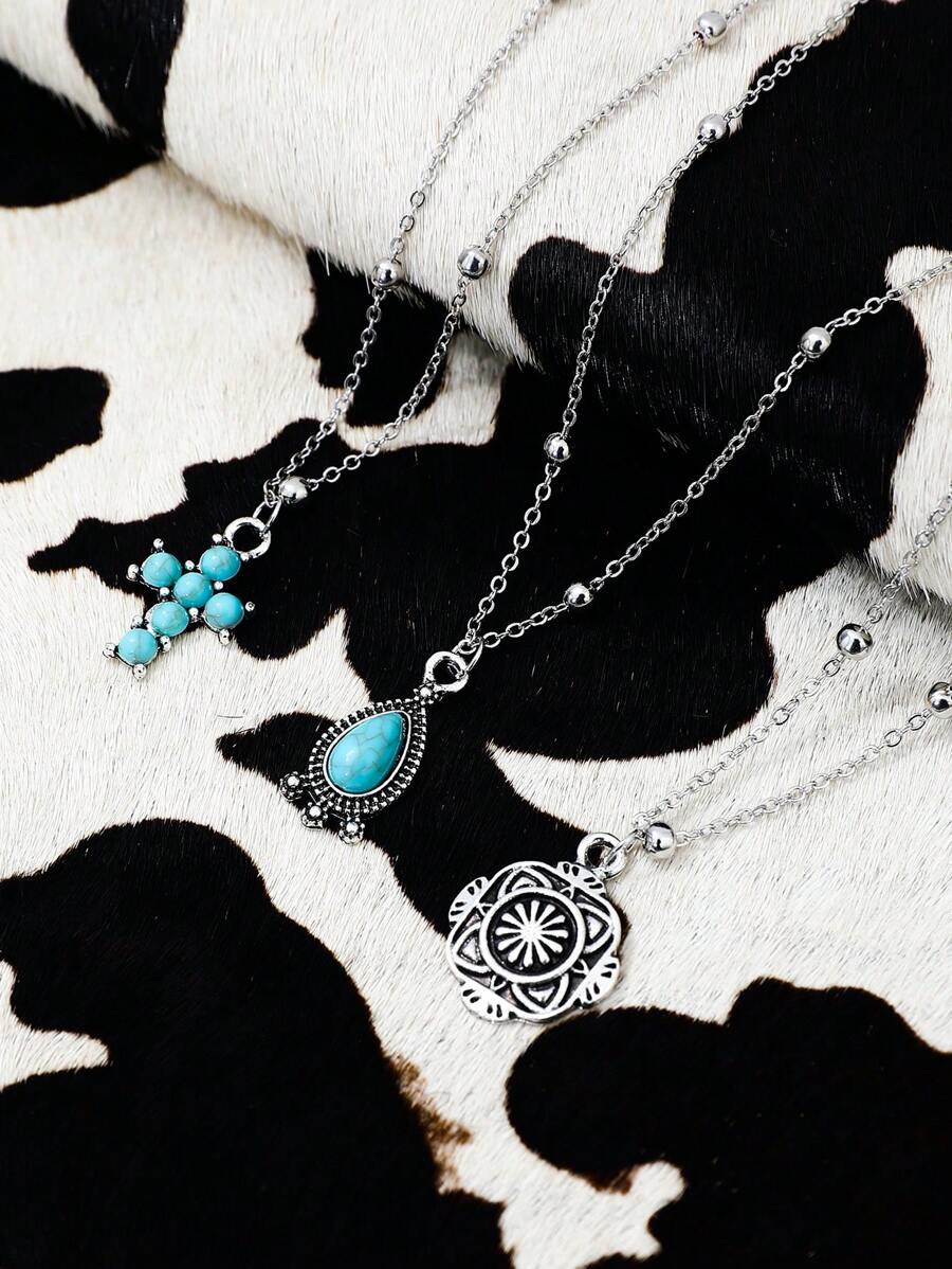 3pcs Turquoise Western Cowgirl Style Vintage Horseshoe, Cacti, Minimalist Chain Necklace Set (Length May Be Trimmed, Not Counted By Bead Quantity)