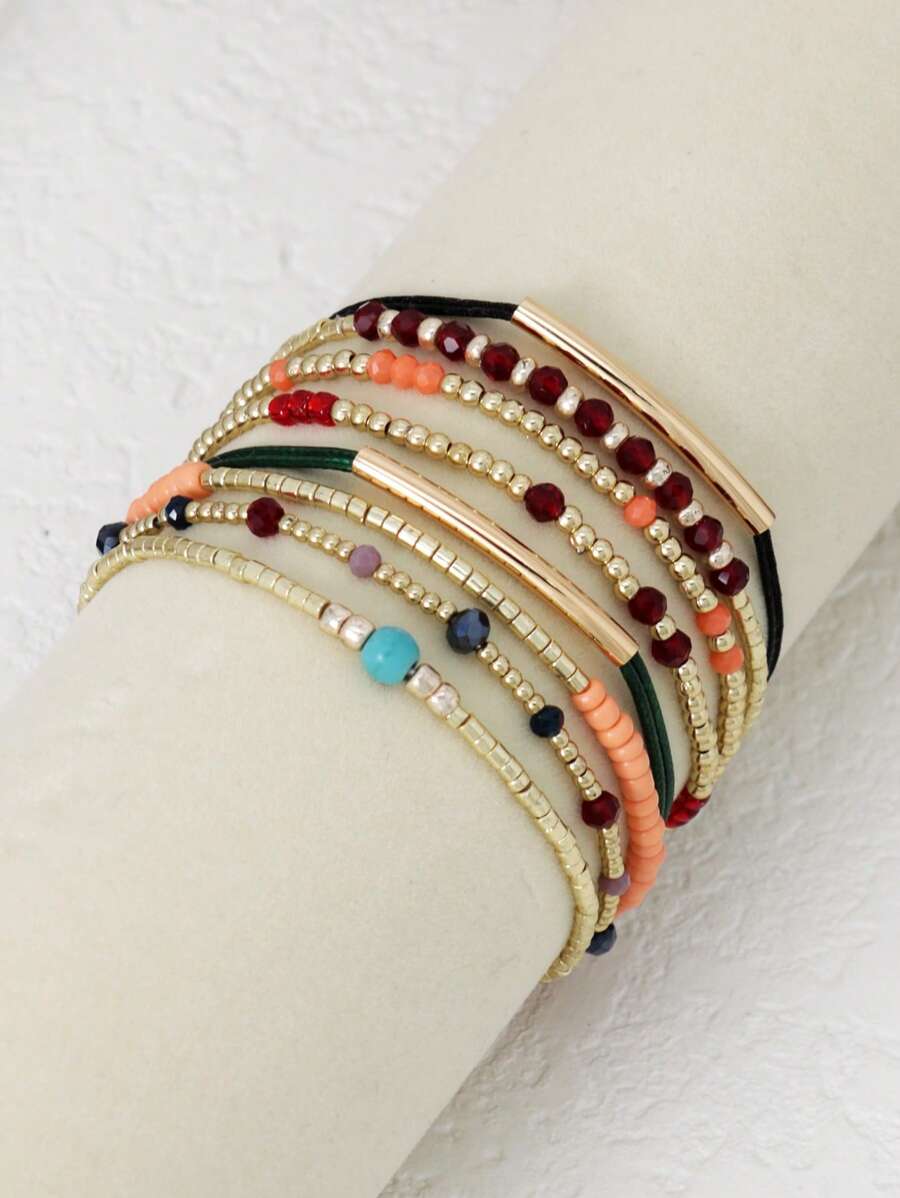 8pcs/Set Handmade Mixed Color Beaded Multilayer Elastic Bracelet Set, Women Jewelry Accessories For Holiday Party