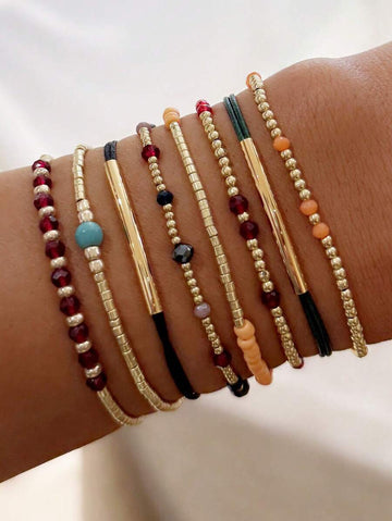8pcs/Set Handmade Mixed Color Beaded Multilayer Elastic Bracelet Set, Women Jewelry Accessories For Holiday Party