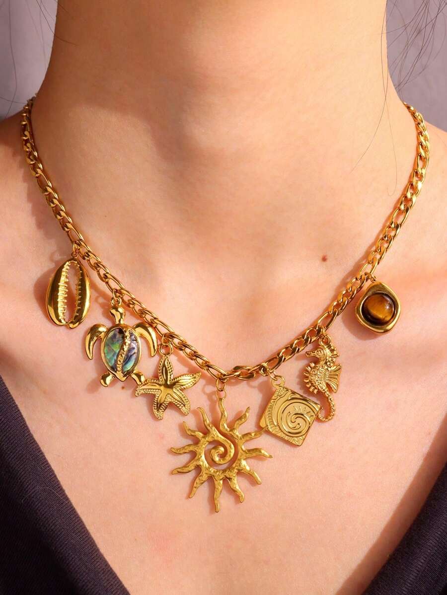 1pc Vintage Elegant Waterproof 18K Gold Plated Stainless Steel Necklace With Sea Turtle, Sea Shell, Seahorse, Natural Stone Pendant, Sophisticated High-End Jewelry For Women, Tarnish Resistant
