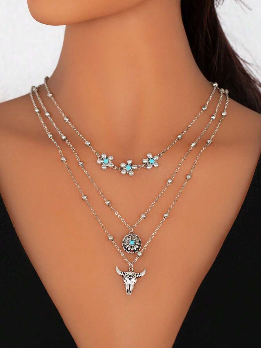 3pcs/Set Vintage Western Style Faux Turquoise Necklace Set