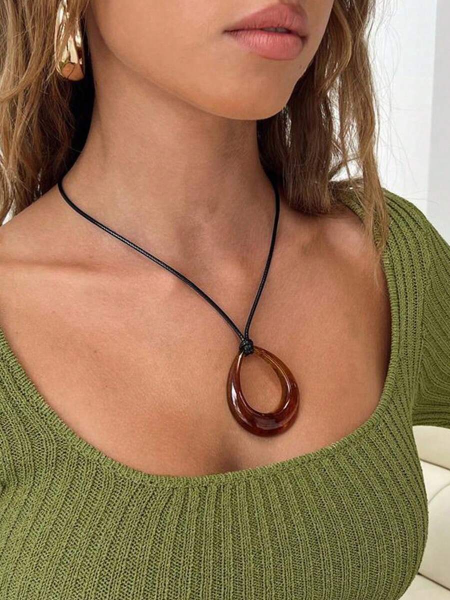 1pc Water Drop Shaped Acrylic Pendant With Leather Cord Necklace