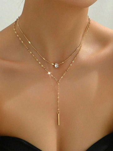 1pc Gold Y-Shaped Multi-Layer Necklace With Rhinestones And Faux Pearls, Suitable For Women's Daily Wear, Also Suitable As Friendship/Adult Gift Or For Attending Banquets And Parties (Handcrafted Chain Length And Size Are Adjustable, Please Purcha...