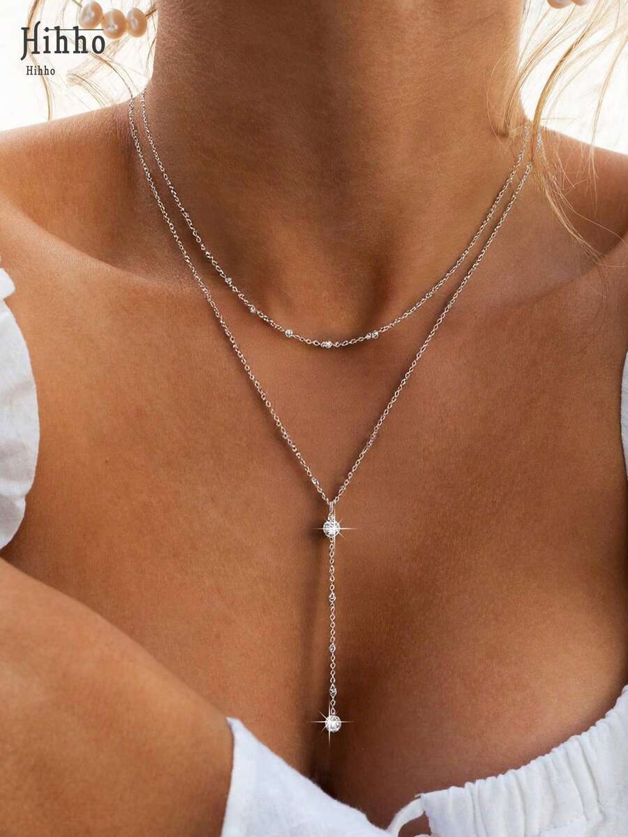 Hihho 1pc European And American Style Y-Shaped Double-Layer Zirconia Long Tassel Necklace, Suitable For Sexy Ladies' Evening Dress Decoration, Unique Choker Necklace (Random Number Of Beads On The Chain)