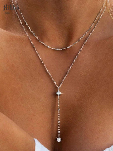 Hihho 1pc European And American Style Y-Shaped Double-Layer Zirconia Long Tassel Necklace, Suitable For Sexy Ladies' Evening Dress Decoration, Unique Choker Necklace (Random Number Of Beads On The Chain)
