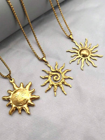1pc Bohemian Style Stainless Steel Gold Color Sun Pendant Necklace
