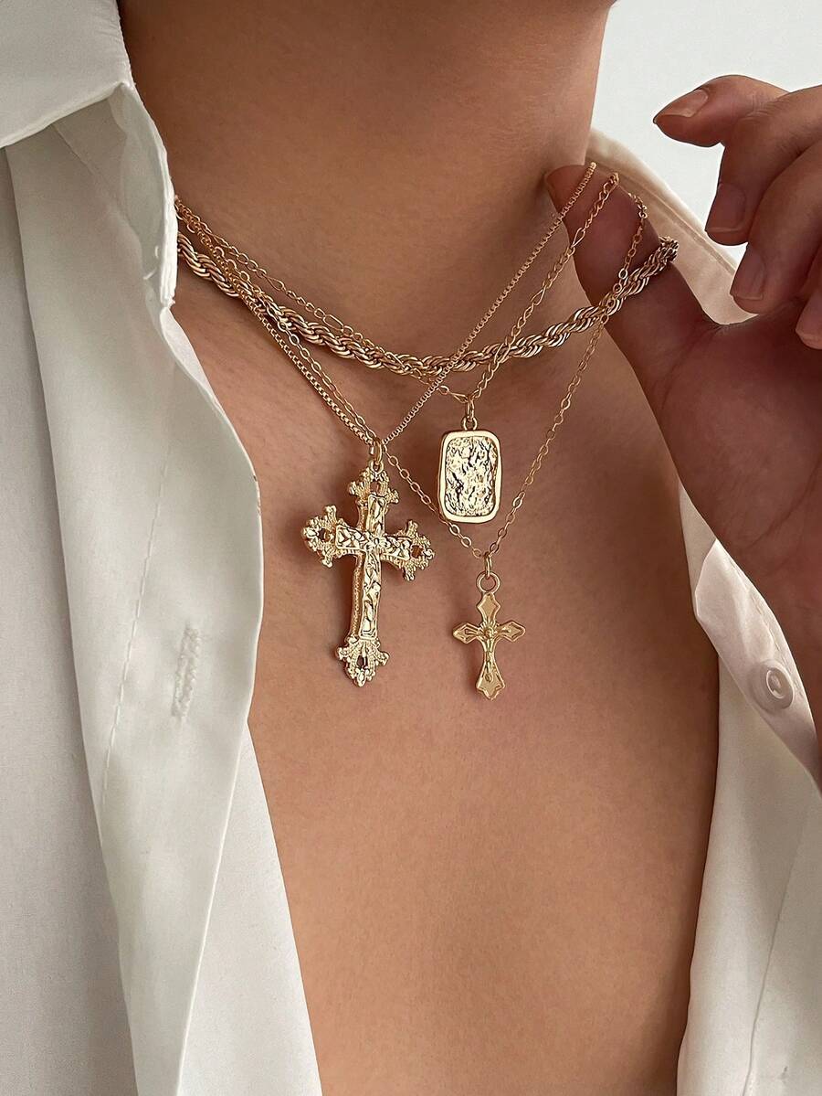 4pcs Vintage Chic Geometric Metal Cross Pendant Necklace Set, Multilayer Charm Necklaces For Men