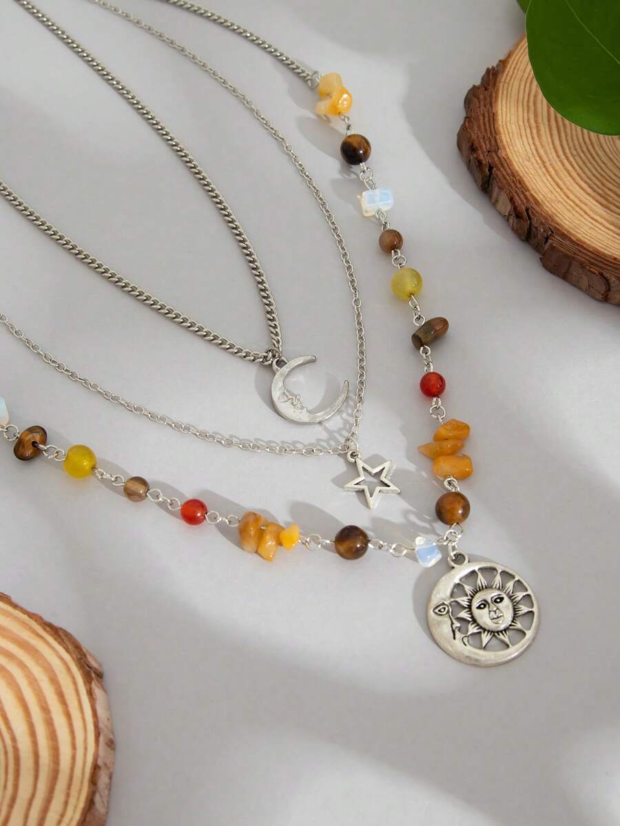 3pcs Vintage Multi-Element Metal Star, Moon, Mushroom, Sun Pendant Necklace Set, Bohemian Asymmetrical Crystal & Turquoise Beaded Necklace, Women Everyday & Vacation Charm Jewelry Set (Turquoise Shape, Size & Color Varies)
