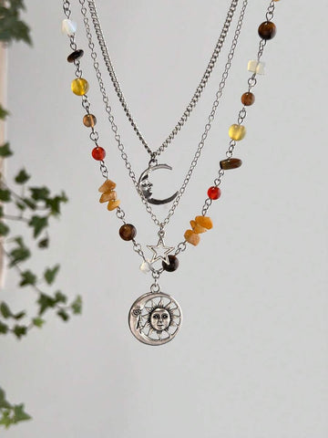 3pcs Vintage Multi-Element Metal Star, Moon, Mushroom, Sun Pendant Necklace Set, Bohemian Asymmetrical Crystal & Turquoise Beaded Necklace, Women Everyday & Vacation Charm Jewelry Set (Turquoise Shape, Size & Color Varies)