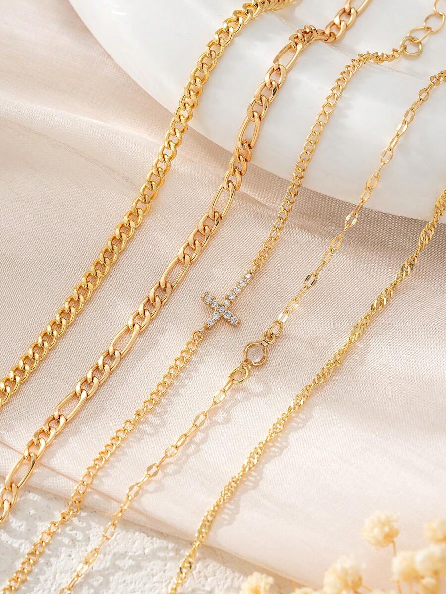 5pcs High-Quality Cubic Zirconia Cross Decorated Multilayer Bracelet, Fashionable, Suitable For Women's Parties, Gatherings, Daily Wear, Holidays, And Gifts