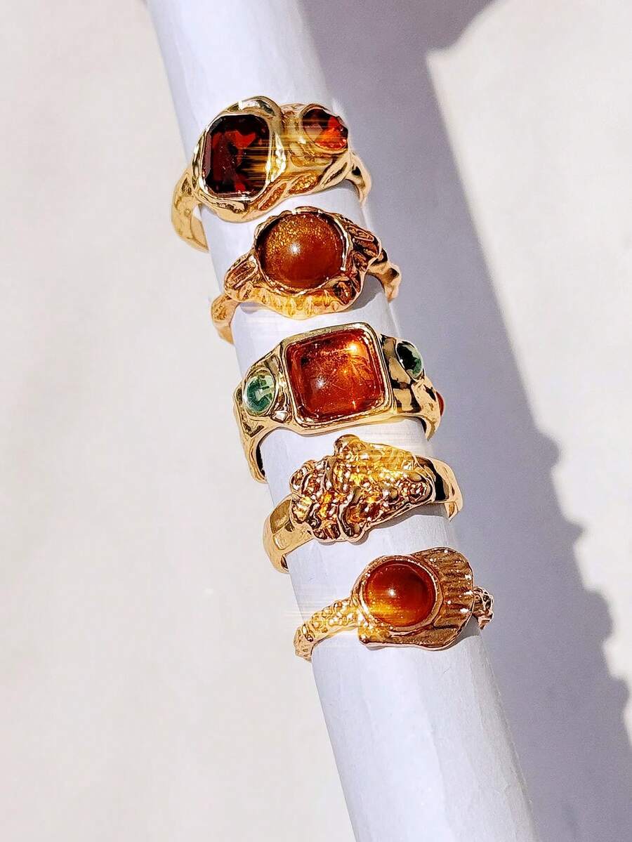 5pcs/Set Retro Luxury Versatile Personalized Elegant Sparkly Gold Tiger Eye & Colorful Crystal Inlaid Women's Ring Set, Festival Jewelry