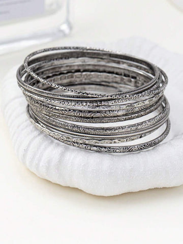 10pcs/Set Alloy Textured Combination Bracelet Set, Bohemian Style For Women & Men, (Random Antique Silver, Antique Bronze With Blackened Effect)