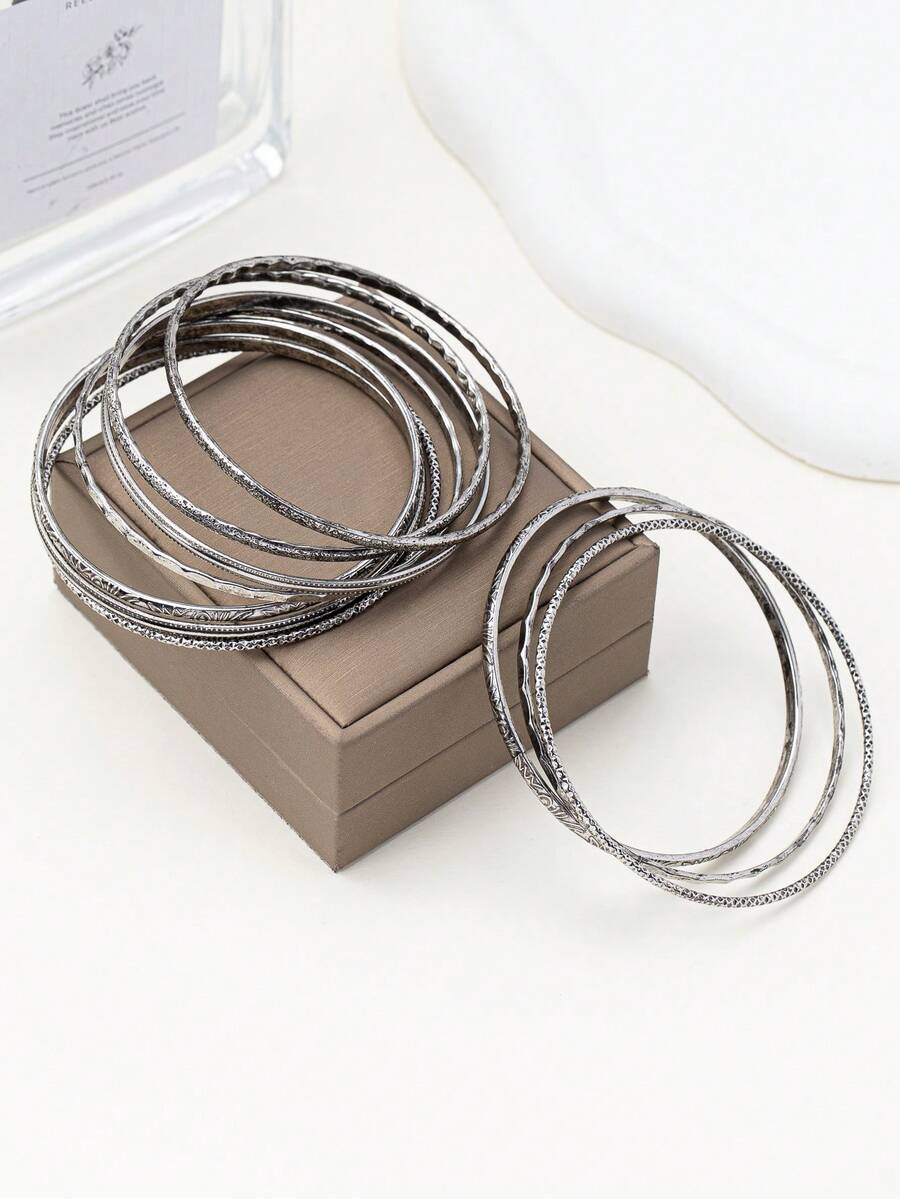10pcs/Set Alloy Textured Combination Bracelet Set, Bohemian Style For Women & Men, (Random Antique Silver, Antique Bronze With Blackened Effect)