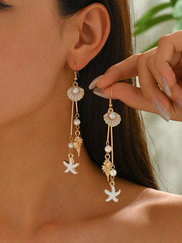 1 Pair Romantic Ocean Style White Glazed Shell Elegant Faux Pearl Metal Earrings, Fashion Jewelry Earrings Suitable For Daily Wear, Beach Dates And Vacation